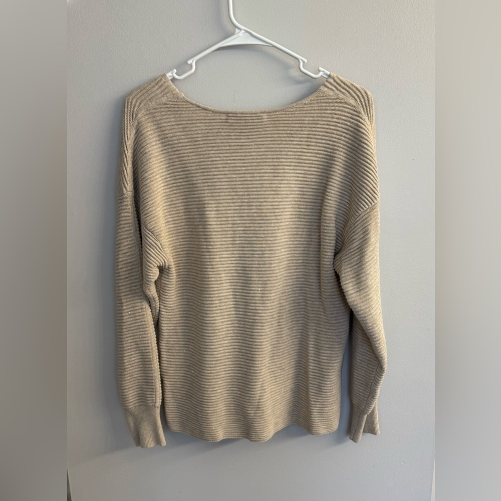 Tommy Bahama Bonita Sequined V Neck Sweater Women's Medium Beige Ribbed - Picture 2 of 13